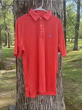 Southern Tide Men's Coral-Red Polo with Embroidered Fish Logo